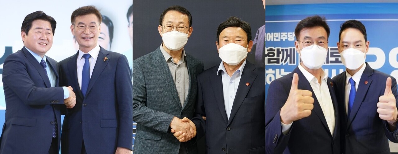 ▲ 좌로부터 (오영훈 제주도지사 당선인, 문대림 전 JDC 이사장), (고창근 제주교육청 교육국장, 김광수 제주도교육감 당선인), (문대림 전 JDC 이사장, 김한규 제주시을 국회의원 당선인)ⓒ일간제주