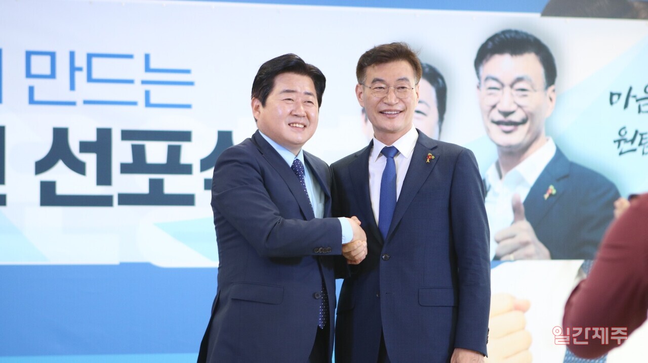 ▲ 지난 5월 6일 오영훈 선거사무소에서 '문대림-오영훈이 함께 만드는 제주 미래비전 선포식'현장 모습ⓒ일간제주