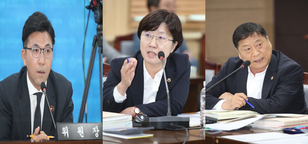 ▲ 제주도교육청의 의원 편기르기에 발끈한 현지홍 예결특위 부위원장, 고의숙 의원, 양홍식 의원ⓒ일간제주