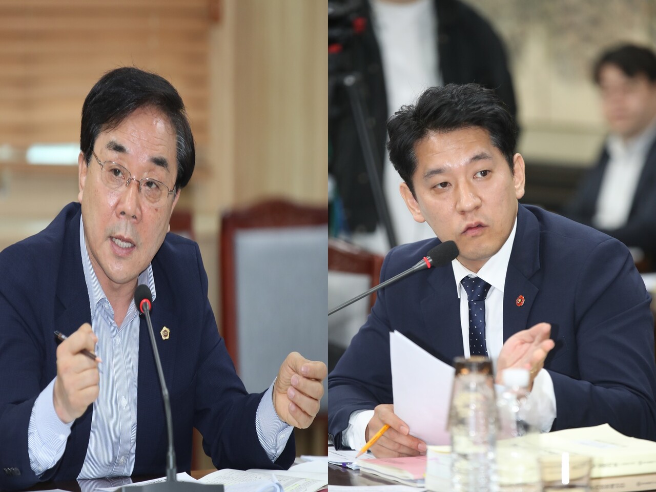 ▲ 제주교육청의 단기사업 계속비 편법 운영에 철퇴를 가한 양병우(무소속, 서귀포시 대정읍)의원과 한권(더불어민주당, 제주시 일도1동·이도1동·건입동)의원 질의 모습- 제주도의회 제공ⓒ일간제주