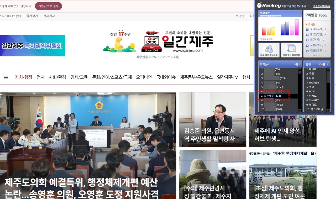 ▲ 랭키닷컴 자료 갈무리ⓒ일간제주