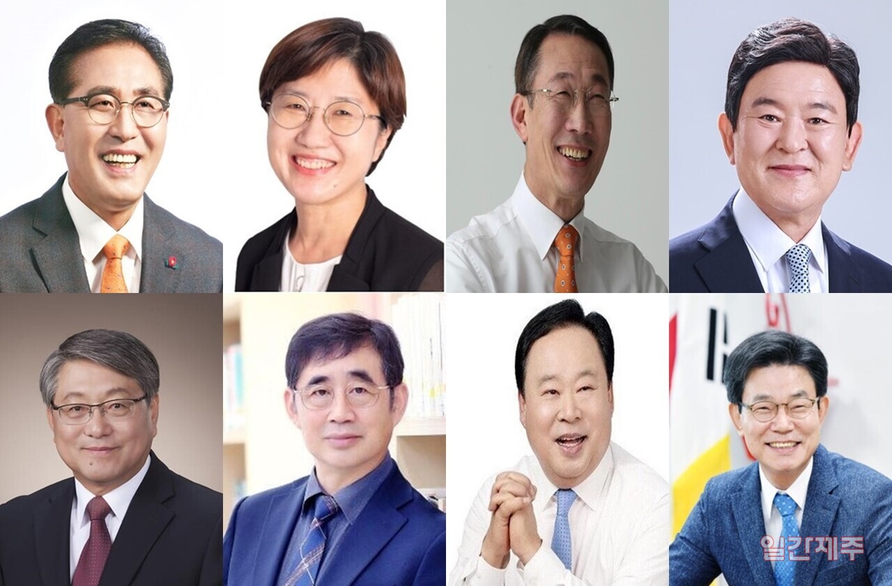 ▲ (좌로부터 가나다순) (上) 강동우 교육의원, 고의숙 교육의원, 고창근 前 제주교육청 교육국장, 김광수 現 제주교육감.(下) 김창식 교육의원, 송문석 前 서귀포중앙여자중학교장, 오승식 교육의원, 이석문 前 교육감ⓒ일간제주