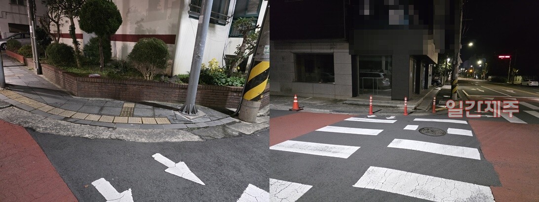 ▲ 제주시 노형 대단위 아파트 단지 맞은편에 위치한 A건물쪽에는 횡단보도에 차를 세우지 못하도록 주정차 금지봉이 설치되어 있지만 아이러니하게도 맞은편 횡단보도에는 해당 주정차 금지봉이 없는 상태다. ⓒ일간제주